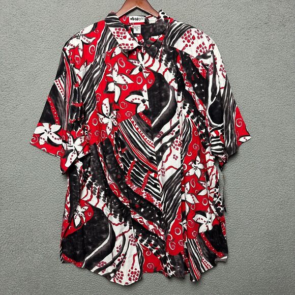 We Be Bop Tunic 5X Plus Art to Wear Floral Button Down Hawaiian Black Red NWT - Picture 1 of 9
